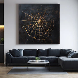 Painting of a golden spider web on a dark bronze background