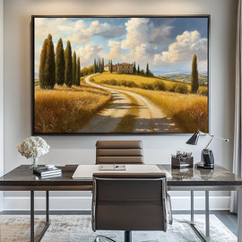Oil painting of a winding road through golden Tuscan fields to a farmhouse