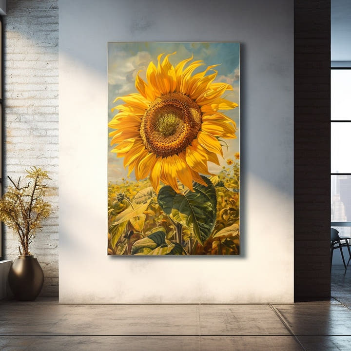 Painting of a single golden sunflower turned to the light above a sunlit field