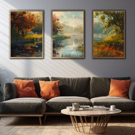 Three-panel autumn landscape of a calm river in amber, copper and gold tones