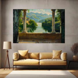 Painting of a lake and hills seen through stone columns