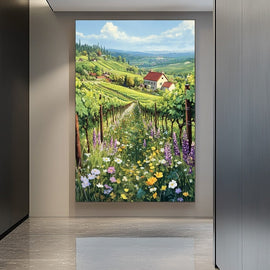 Painted vineyard landscape with wildflowers and a farmhouse