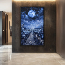 Moonlit vineyard at night with rows of vines under a glowing full moon in blue and silver tones