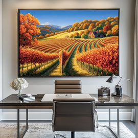 Autumn vineyard landscape with amber and gold vines under a cobalt sky
