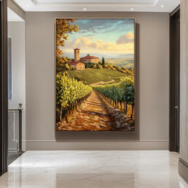Tuscan vineyard at golden hour with a stone farmhouse, vine rows and rolling hills