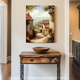 Oil painting of a Mediterranean village lane with stone cottages and flowers