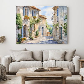 Watercolour Mediterranean village with stone houses, blue shutters and cobbled lane