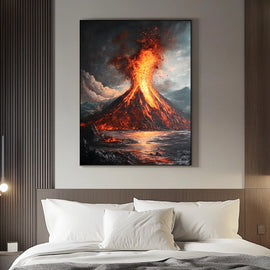 Erupting volcano spewing molten lava and embers over a dark sea