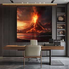 Painting of a towering volcano erupting over a dark sea under a golden stormy sky
