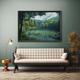 Woodland lake painting with water lilies and summer trees