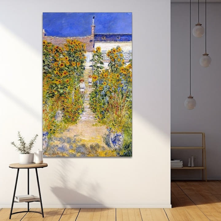 Garden painting of a sunflower-lined path leading to a pale house under a blue sky
