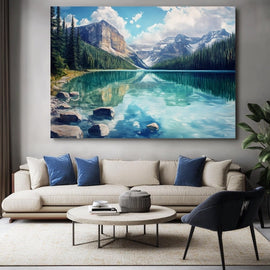 Blue and green landscape painting of a turquoise alpine lake mirroring snow-capped mountains and pine forest
