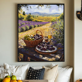 Impasto painting of a Provencal lavender landscape with a rustic table of figs and pears