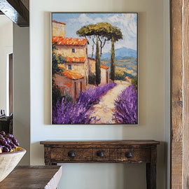 Textured Provence landscape with lavender fields, cypress and ochre farmhouses