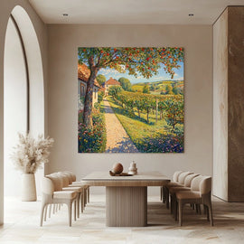 Pointillist apple tree and sunlit vineyard path winding to rolling hills