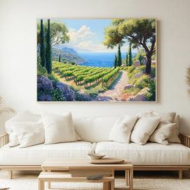 Mediterranean vineyard sloping to a blue bay with cypress and olive trees