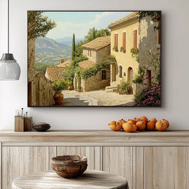 Provencal village lane with stone houses, cypress and terracotta roofs