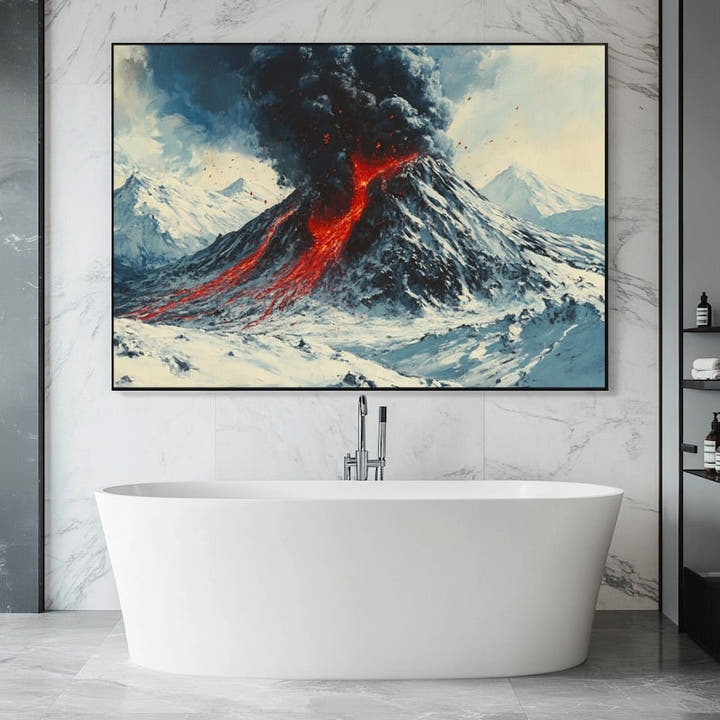 Painting of a volcano erupting with lava amid snow-capped mountains