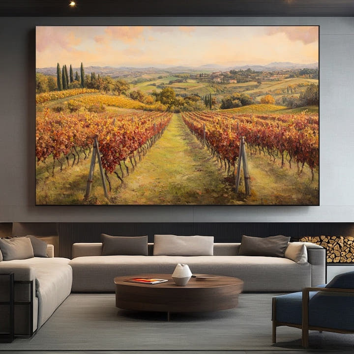 Autumn vineyard painting of Tuscany with red and gold vines at sunset