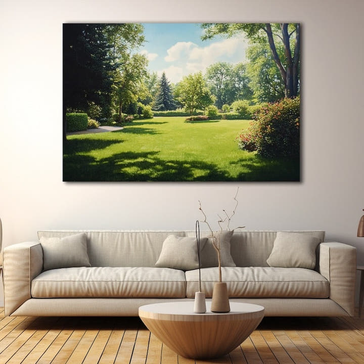 Painting of a sunlit manicured garden lawn ringed by mature trees and flowering shrubs