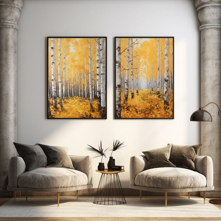 Painting of an autumn birch forest with golden foliage and fallen leaves