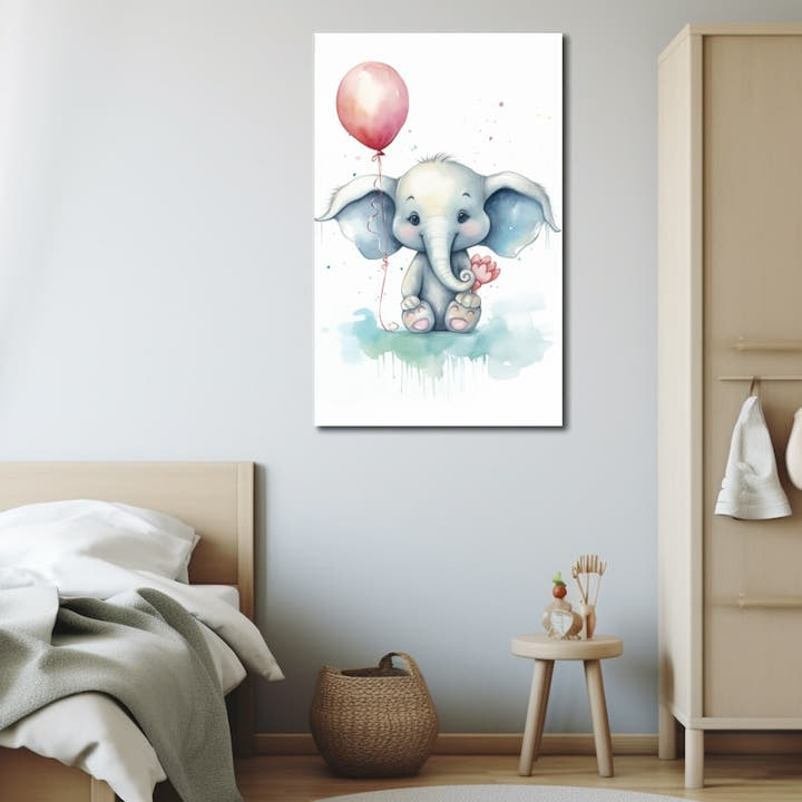 Watercolour baby elephant holding a pink balloon