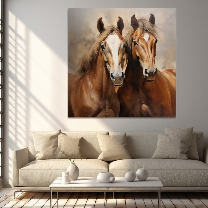 Two chestnut horses leaning their heads together, painterly portrait