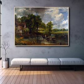 Horse-drawn cart at a wooded ford by a thatched farmhouse