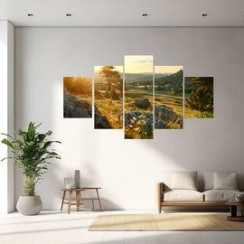 Five-panel print of rolling countryside at golden hour with a lone tree on a ridge