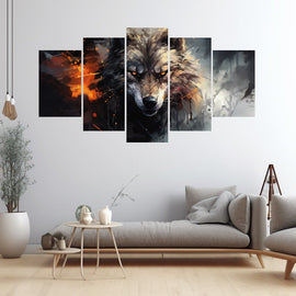 Five-panel painterly canvas of a wolf amid fire and ash