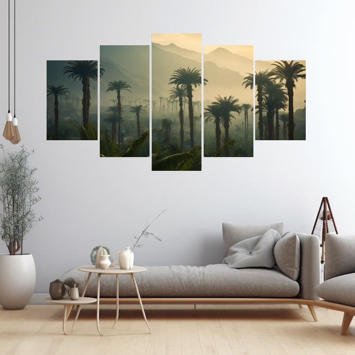 Five-panel canvas of a misty palm grove against hazy mountains at golden dawn