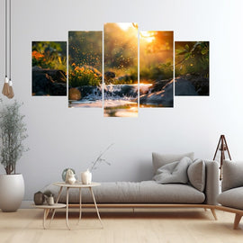 Five-panel golden hour scene of a sunlit stream with water droplets and orange blossom