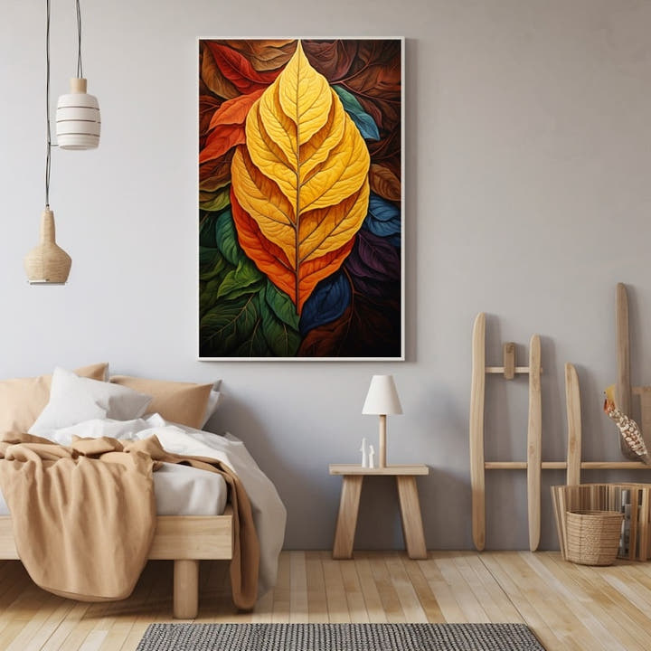Painting of a single golden-yellow leaf framed by red, orange, green and blue autumn leaves