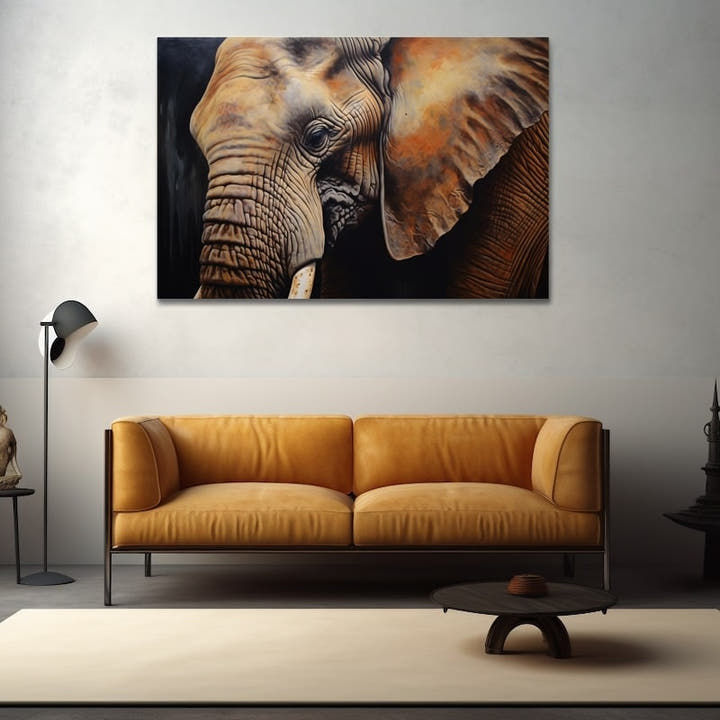 Oil painting close-up portrait of an elephant in amber and black tones