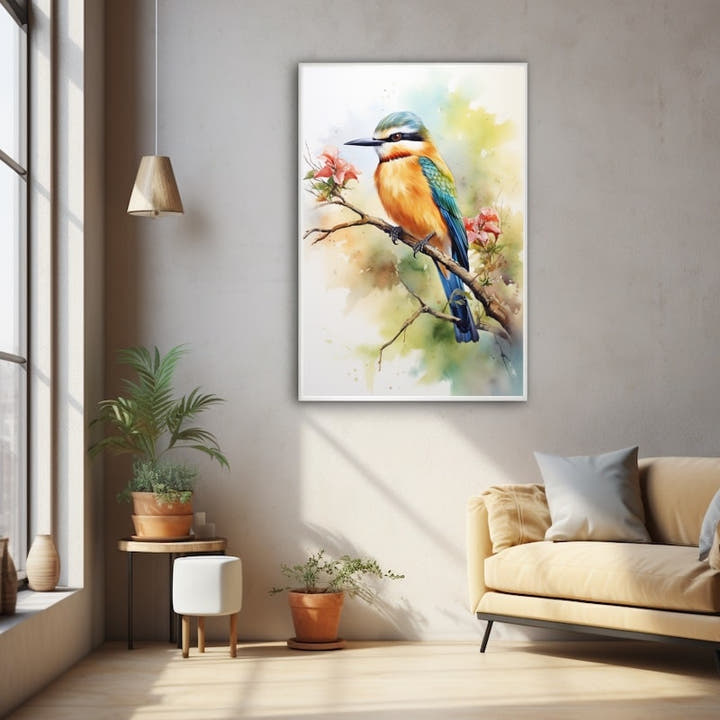 Watercolour painting of a bee-eater bird in apricot and teal perched on a branch with coral blossom