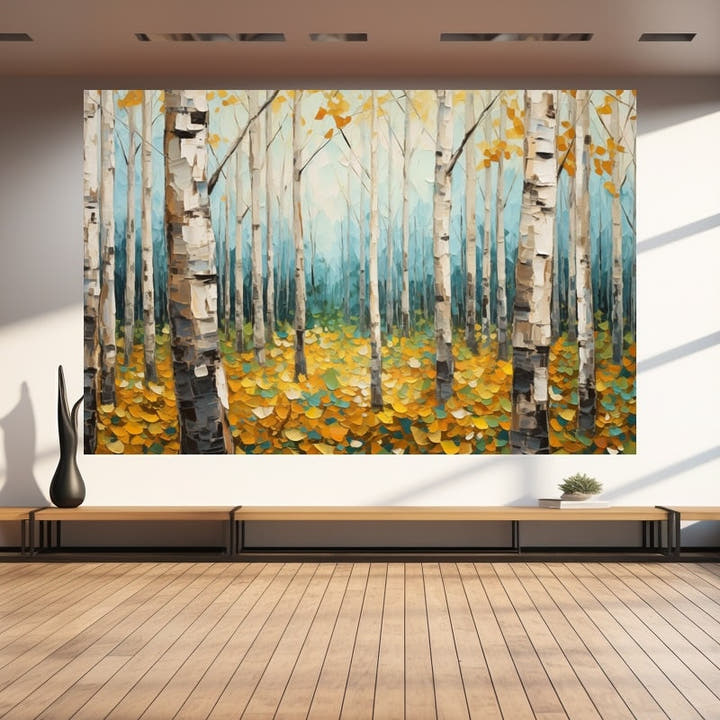 Palette-knife birch grove in turquoise and golden autumn colours