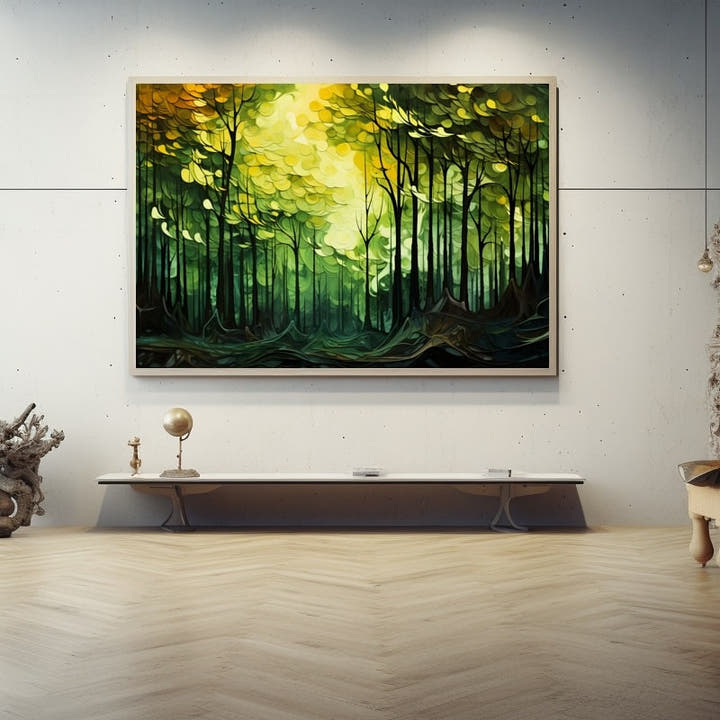 Abstract forest painting with golden light through green trees