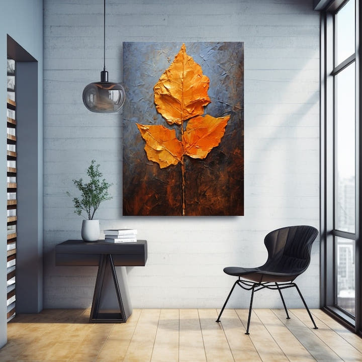 Leaf abstract painting with three metallic gold leaves in a palette-knife style that evokes relief