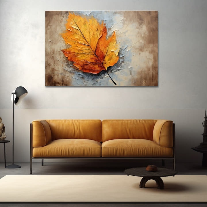 Painting of a single golden-orange maple leaf on a soft blue-grey ground