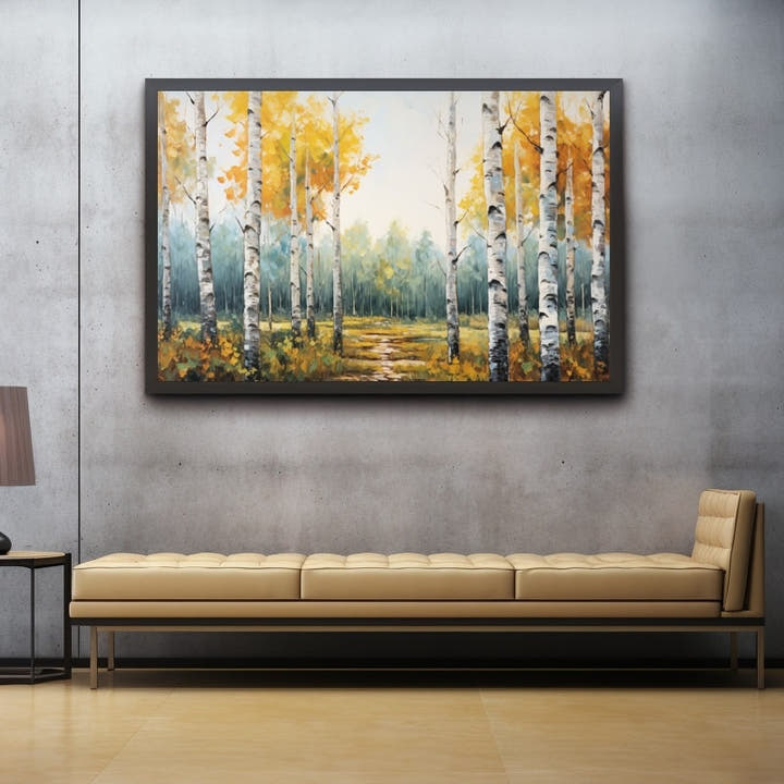 Painterly abstract birch wood in golden ochre and green with white trunks