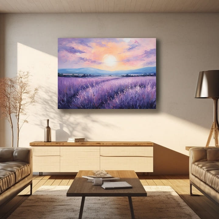 Lavender field at dawn with a soft sun, lilac clouds and distant hills