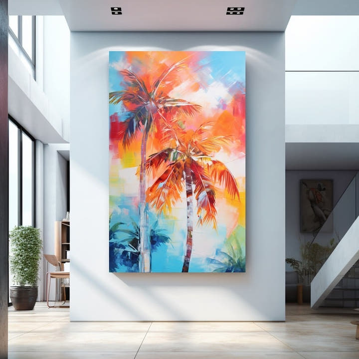 Abstract palm tree painting in orange, coral and turquoise