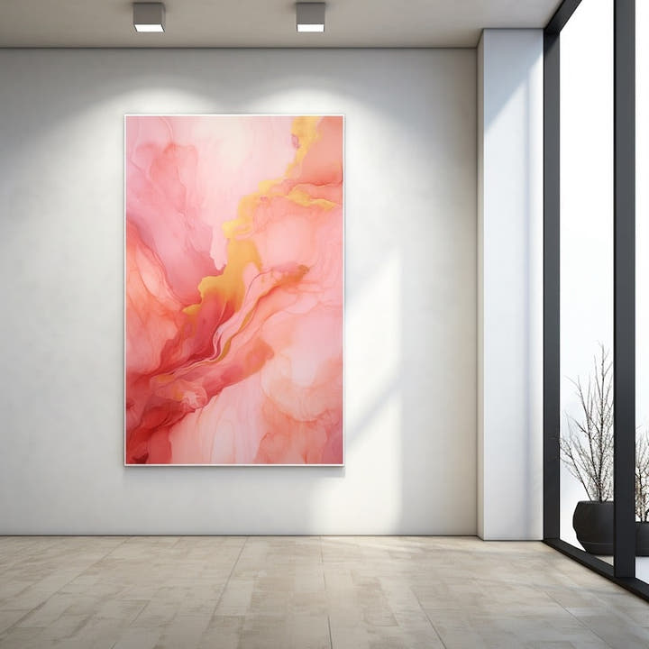 Abstract rose acrylic painting in blush pink and gold