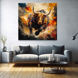 Abstract longhorn bull charging from orange and teal strokes