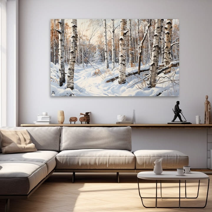 Painting of silver birch trees in a sunlit snowy wood
