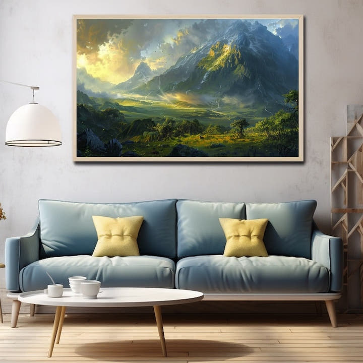 Acrylic painting of a sunlit mountain and green valley under storm clouds