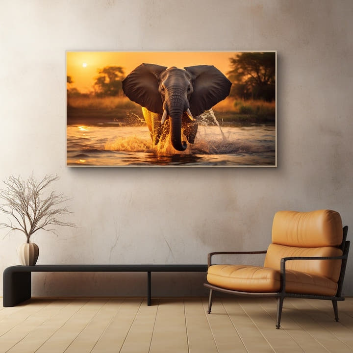 African elephant charging through water at golden sunset