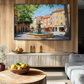 Sunlit Aix-en-Provence square with a tiered stone fountain and pastel facades framed by plane trees