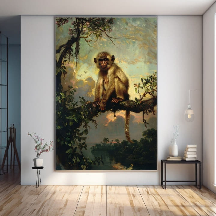 Golden-brown monkey on a branch against a glowing amber sunset over a lake