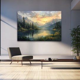 Painting of a mountain lake at sunrise with pines and misty peaks